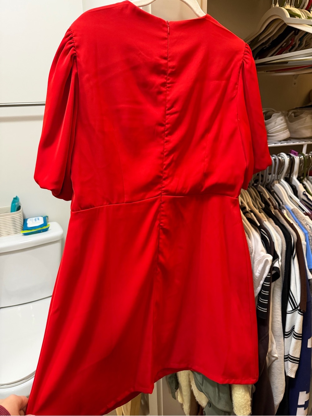 VICI Red Mini Dress with Bow Front and Puff Sleeves - Picture 3 of 3